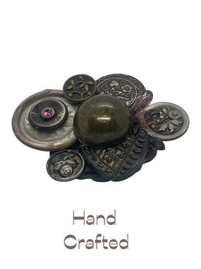 Hand Crafted Silver Bronze Glass Antique Button Brooch NWT